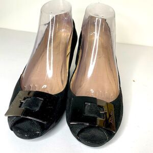 CALVIN KLEIN Women's Black Sue Mini Square Print Peep Toe Wedge Pumps Size 9M